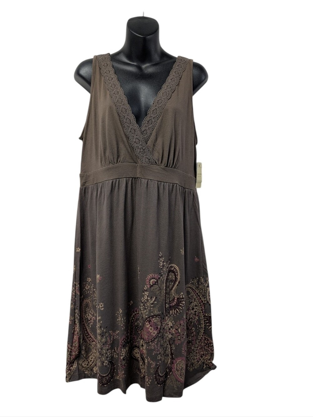 Sonoma Life + Style Brown Green Paisley Sleeveless Empire Waist Dress Sz L NWT